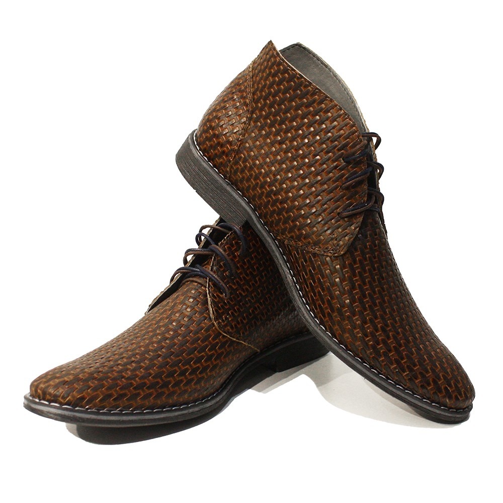 Modello Roberto - Brown Lace-Up Ankle Chukka Boots - Cowhide Embossed  Leather